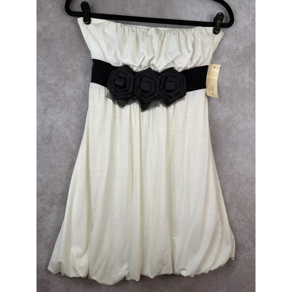NWT Y2K Too Mi Strapless Bubble Hem Dress Women Medium White Black Floral Sash - Picture 1 of 7